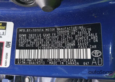 2017 Toyota Corolla Se из США, поврежденный, VIN 2T1BURHE5HC774361